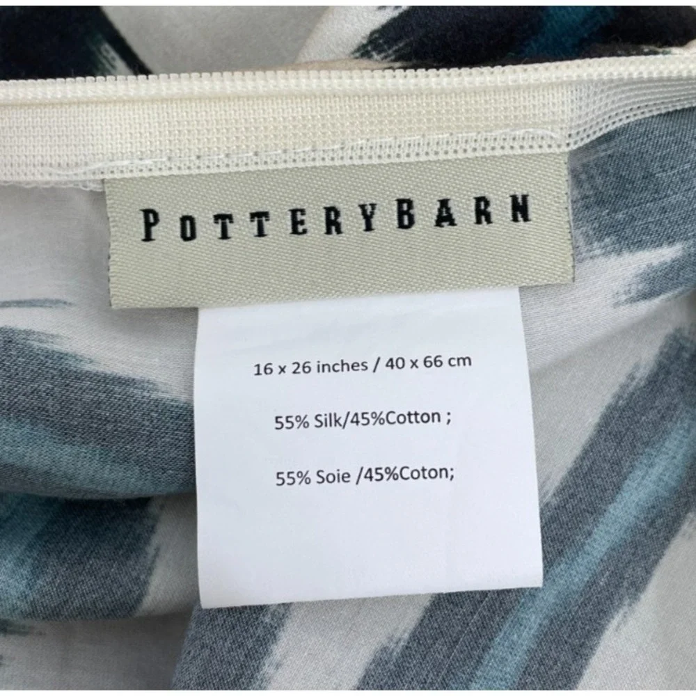 Pottery Barn Edith Ikat Silk Lumbar Pillow Cover Ivory Blue Black 16x26
